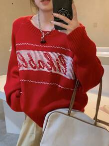 DAZY Damen Rundhals Langarm Buchstaben Muster Minimalistischer Lässiger Loser Pullover Herbst, Winter, Weihnachten, Neujahr