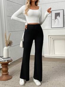 Chiquease 女士弹性腰部紧身喇叭腿休闲黑色裤子 - 黑色 - 查看 2