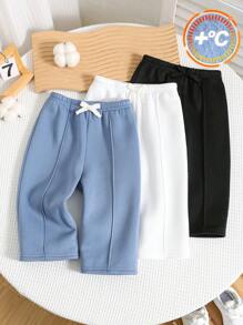 SHEIN 3pcs/Set Babyboy & Babygirl Casual Solid Color Thermal Lined Elastic Waist Pants Set, Suitable For Autumn And Winter Outings