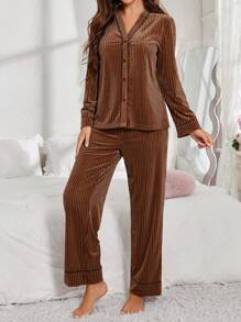 Velvet Front Buttons Long Sleeve Top & Pants Women Fluffy Pajama Set, Fall Winter Clothes, Cozy