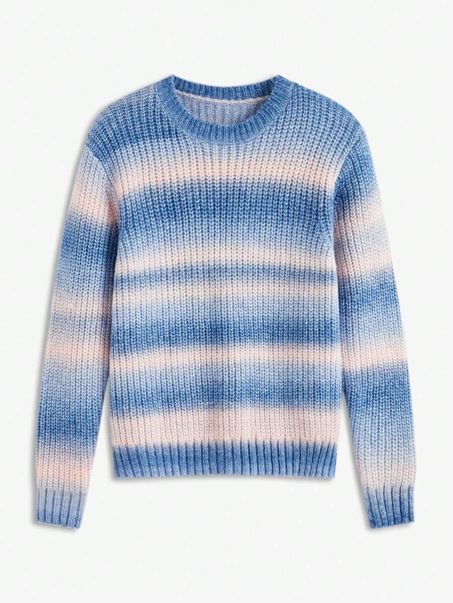 Business Casual Men's Loose Fit Crocheted Gradual Striped Wool Pullover Sweater, Casual Round Neck, For Fall Winter - Multicolor - View 1