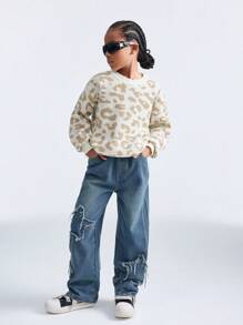 SHEIN Áo len dài tay rộng thùng thình giữ ấm họa tiết da báo co giãn cho bé gái tuổi mới lớn trở lại trường/cơ bản - Màu Khaki - Xem 5