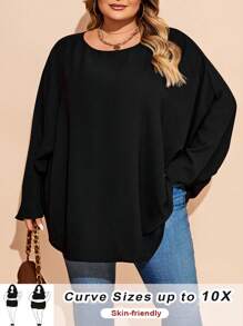 SHEIN CURVE+ Blusa de cuello redondo de unicolor con mangas tipo murciélago anchas para mujer de talla grande, otoño/invierno