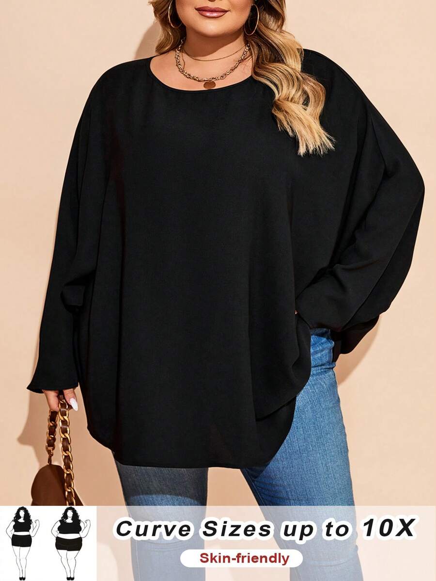 SHEIN CURVE+ Blusa de cuello redondo de unicolor con mangas tipo murciélago anchas para mujer de talla grande, otoño/invierno