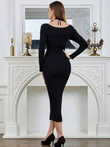 Modelyn Spaghetti Strap Backless Hollow Out Long Sleeve Bodycon Midi Dress