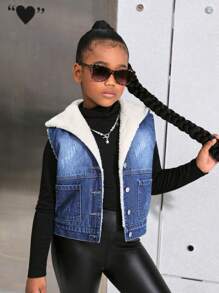 SHEIN Tween 女童蓝色牛仔保暖连帽背心，秋冬款 - 中等水洗藍 - 查看 1