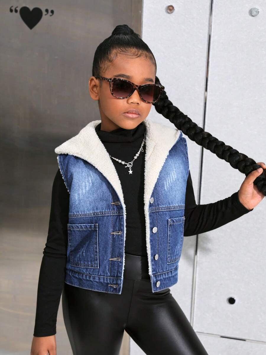 SHEIN Tween 女童蓝色牛仔保暖连帽背心，秋冬款 - 中等水洗藍 - 查看 1