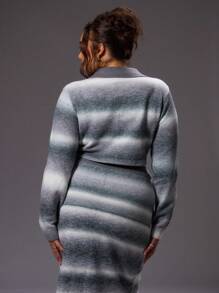 MUSERA Plus Size Light Blue Striped Knit Collared Long Sleeve Cropped Jumper,Autumn Smart Casual School Style,Casual Dailywear Holiday Work Vacation Jumper - Black and White - View 3