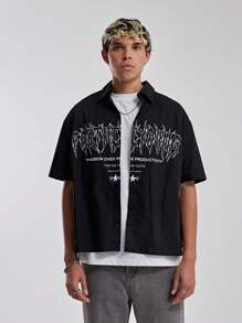 Musero Kurzarm Boxy Kragen Durchgeknöpftes Oversize-Shirt mit "FÜR DIE JUNGEN" Grafik-Muster, Frühling Sommer Essentials Streetwear