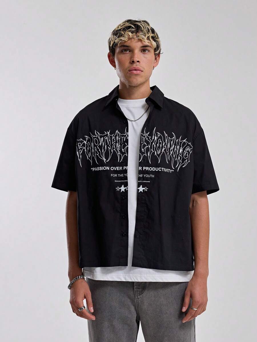 Musero Kurzarm Boxy Kragen Durchgeknöpftes Oversize-Shirt mit "FÜR DIE JUNGEN" Grafik-Muster, Frühling Sommer Essentials Streetwear