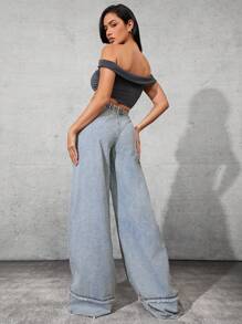 Denimoi Women Plain Pocket Decor Casual All-Match Loose Wide Leg Jeans