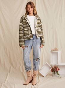 WESTFADE 春季多条纹图案对比滚边漏斗领长袖轻质羊羔绒泰迪夹克 - 彩色 - 查看 7