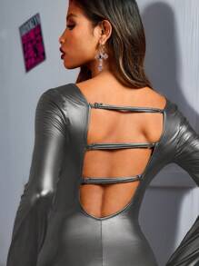 SHEIN SXY Bộ đồ liền thân bó sát mini Halloween Night Devil Party Carniva bằng da PU cổ chữ V tay dài hở lưng buộc dây dành cho nữ - Xám - Xem 3