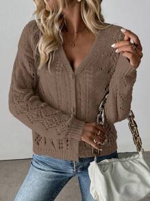 Calvaya Women's Solid Color Hollow V-Neck Knit Casual Cardigan Coffee Brown Topbutton Up Sweaterbrown Cardiganbrown Sweatercrop Cardigan