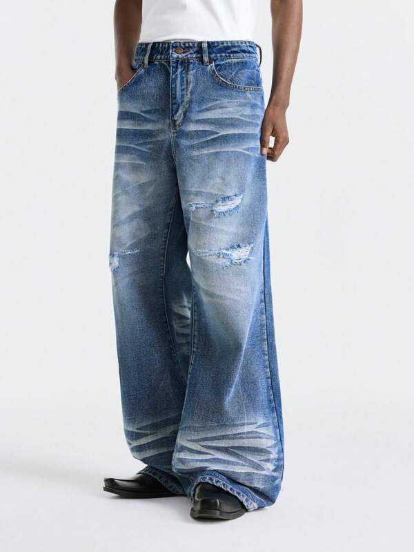 NEON BLANC Herren gewebte zerschlissene Weitbein Lange Jeans, einfache lange Oversized Navy Blaue Jeans, als Geschenk für Ehemann oder Freund