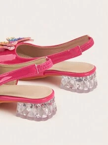 Zapatos de princesa con tacón de cristal, cómodos y de punta redonda con diseño de mariposa, elegante y de moda, adecuado para primavera/verano/otoño, para niñas pequeñas y bebés - Rosa Fucsia - Ver 4