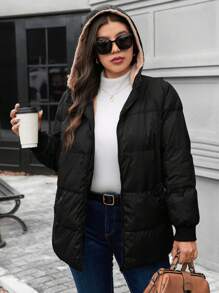 SHEIN LUNE Abrigo acolchado con cremallera frontal con capucha de unicolor de manga larga para mujer talla grande, conjunto de ropa de invierno térmica para vacaciones