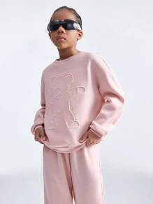 SHEIN Leap Crew Tween 女童春季/基本款针织图案纹理粉色宽松长袖运动衫和阔腿运动裤套装，两件套服装