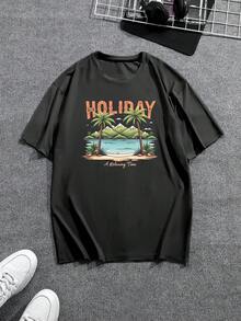 Manfinity Sport Corelite 男友风男士字母与棕榈树图案印花圆领休闲运动 T 恤 - 黑色 - 查看 1