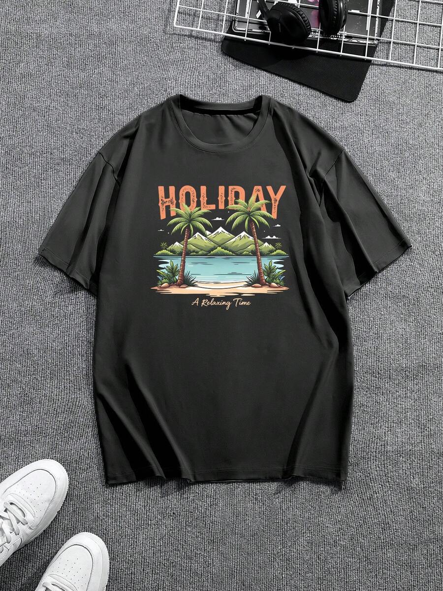 Manfinity Sport Corelite 男友风男士字母与棕榈树图案印花圆领休闲运动 T 恤 - 黑色 - 查看 1