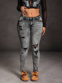 SHEIN SXY Quần Jeans Rách Thường Ngày Túi Nút Phía Trước Cho Nữ - Màu xám đen - Xem 4