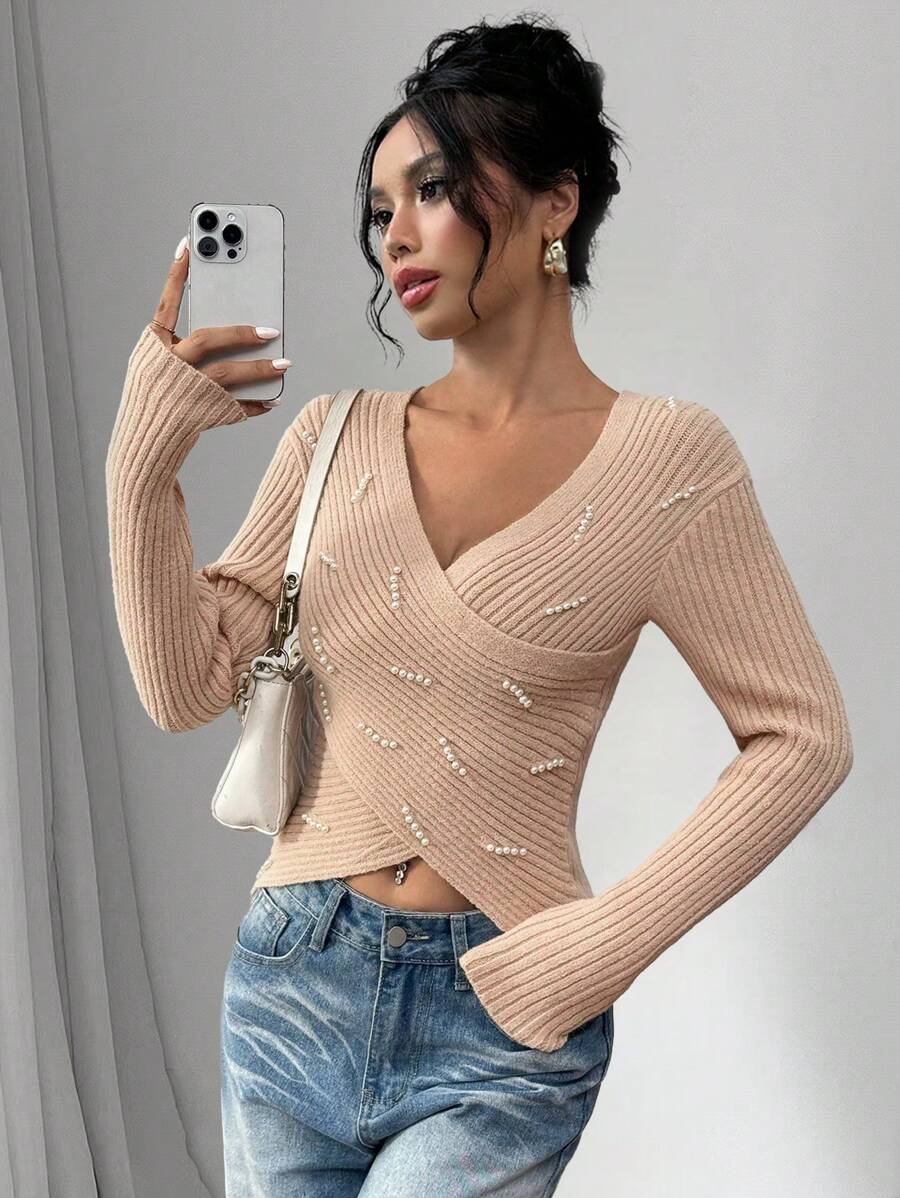 Chiquease 优雅纯色珍珠结构针织套衫
