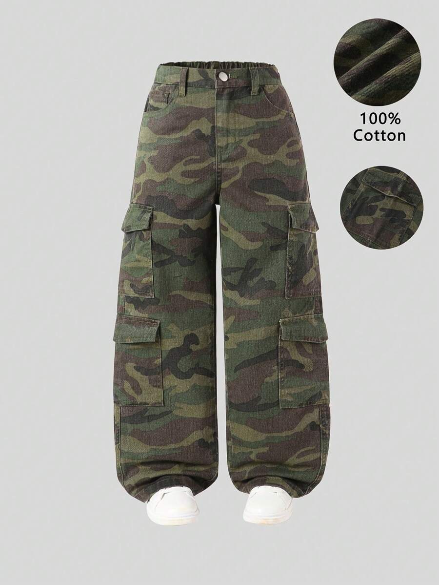 SHEIN Sparklyn Tween Girls Y2K 多口袋街头休闲松紧腰迷彩洗水牛仔工装裤 - 彩色 - 查看 1