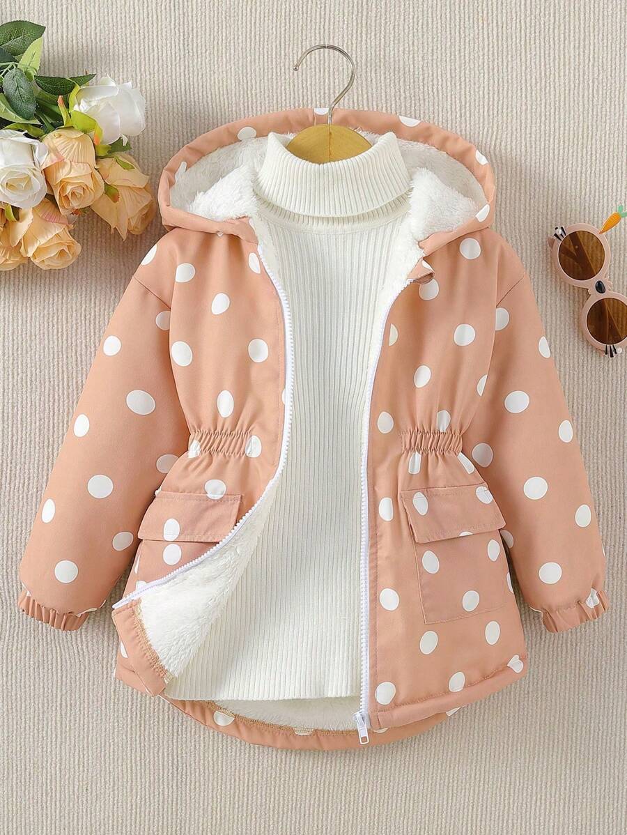 Elladie kids 年轻女孩加厚连帽开衫外套，带波尔卡圆点印花，温暖冬季外套 - 杏色 - 查看 1