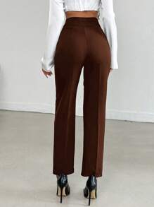 EURMUSE Women's Plain Button And Zipper Closure Straight Leg Pants - Brown - View 2