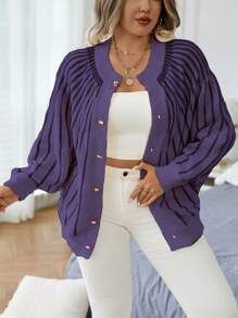 Calvaya Cárdigan informal de manga larga a rayas de talla grande con un solo botonadura, para otoño/invierno - Morado - Ver 3