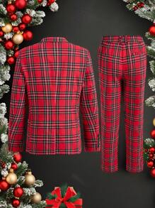 Manfinity VCAY 2 件男士编织格子修身领长袖休闲西装外套和直腿松紧腰西装裤套装，适合日常办公穿着 - 彩色 - 查看 2