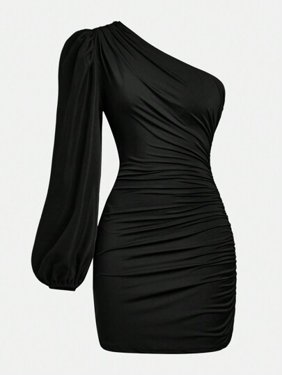 SHEIN Vestido curto casual e elegante para meninas pré-adolescentes, cor sólida, com ombros assimétricos franzidos, modelagem justa e mangas bufantes. Ideal para o dia a dia, festas e ocasiões especiais. Perfeito para o Natal, Ano Novo, aniversários e para combinar com outras irmãs.