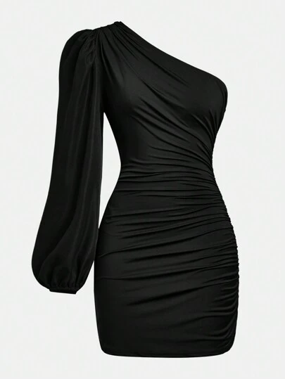 SHEIN Girlism Teen Girls Minimalist Asymmetrical Neck Ruched Mini Dress, Bishop Sleeve, Elegant For Commuting & Party