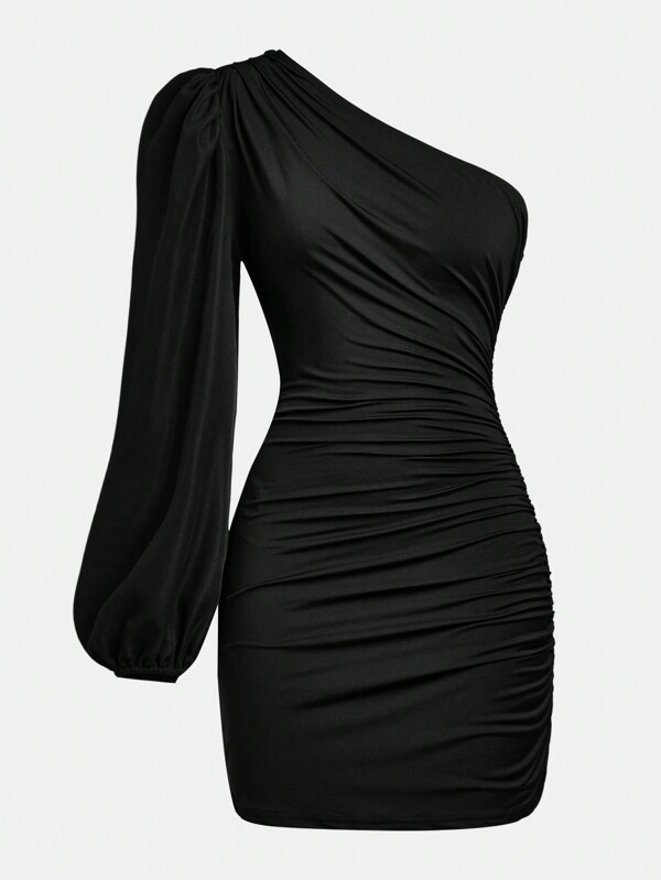 SHEIN Girlism Teen Girls Minimalist Asymmetrical Neck Ruched Mini Dress, Bishop Sleeve, Elegant For Commuting & Party