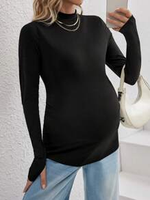 SHEIN Autumn/Winter Pregnant Women Mock Neck Solid Color Long Sleeve Basic T-Shirt, Black Bottoming Tee - Black - View 1