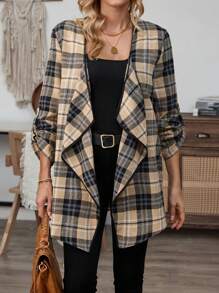 EMERY ROSE 女式格子印花翻领卷袖休闲夹克