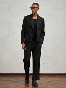 AKNOTIC Formal 2 件套男士休闲梭织宽松直筒西装套装，包括前扣夹克和带口袋的锥形裤，蓝色 - 黑色 - 查看 4