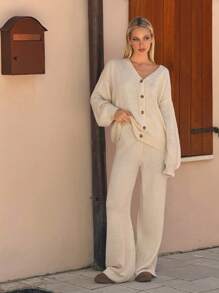 SHEIN EZwear 女式纯色落肩长袖单排扣休闲开衫和裤子套装，秋季 - 杏色 - 查看 3