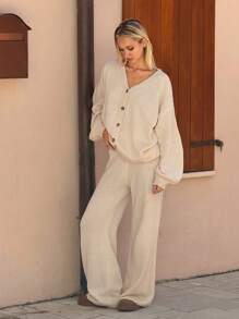 SHEIN EZwear 女式纯色落肩长袖单排扣休闲开衫和裤子套装，秋季 - 杏色 - 查看 4