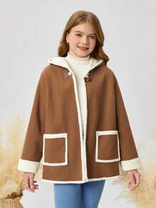 SHEIN Tween Girls' Fluffy Hooded Casual Jacket With Large Pockets, Ribbed Cuffs, Brown, Winter - Mocha Brown - View 3