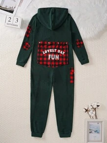 Boys Green Plaid Contrast Red Plaid Christmas High Stretch Fabric Jumpsuit Lounge Pants With Hoodie