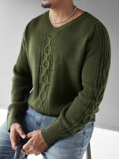 Manfinity Homme Jersey casual de cuello en V de unicolor de manga larga para hombre, para otoño/invierno