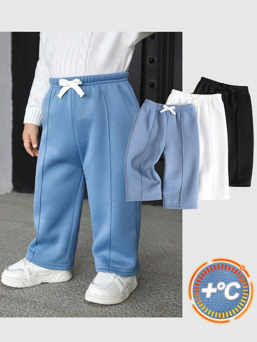 SHEIN 3pcs/Set Babyboy & Babygirl Casual Solid Color Thermal Lined Elastic Waist Pants Set, Suitable For Autumn And Winter Outings