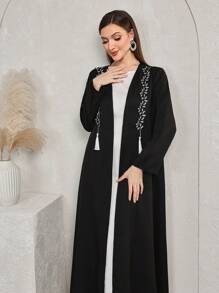 Al Najma Fringe Detail Bud Stem Embroidered Elegant Long Sleeve Jacket, Modest Elegant Open Abayas, For Casual Daily/Party - Black - View 1