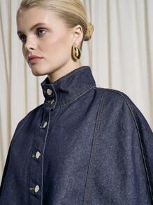 AiiRZ Designer Cape Style Denim Jacket Button Front Stand Collar Cropped Length Fall Winter Fashion Statement Piece Outerwear - Blue - View 3