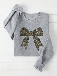 INAWLY Áo nỉ chui đầu cổ tròn in họa tiết nơ cỡ lớn thường ngày - Xám - Xem 1