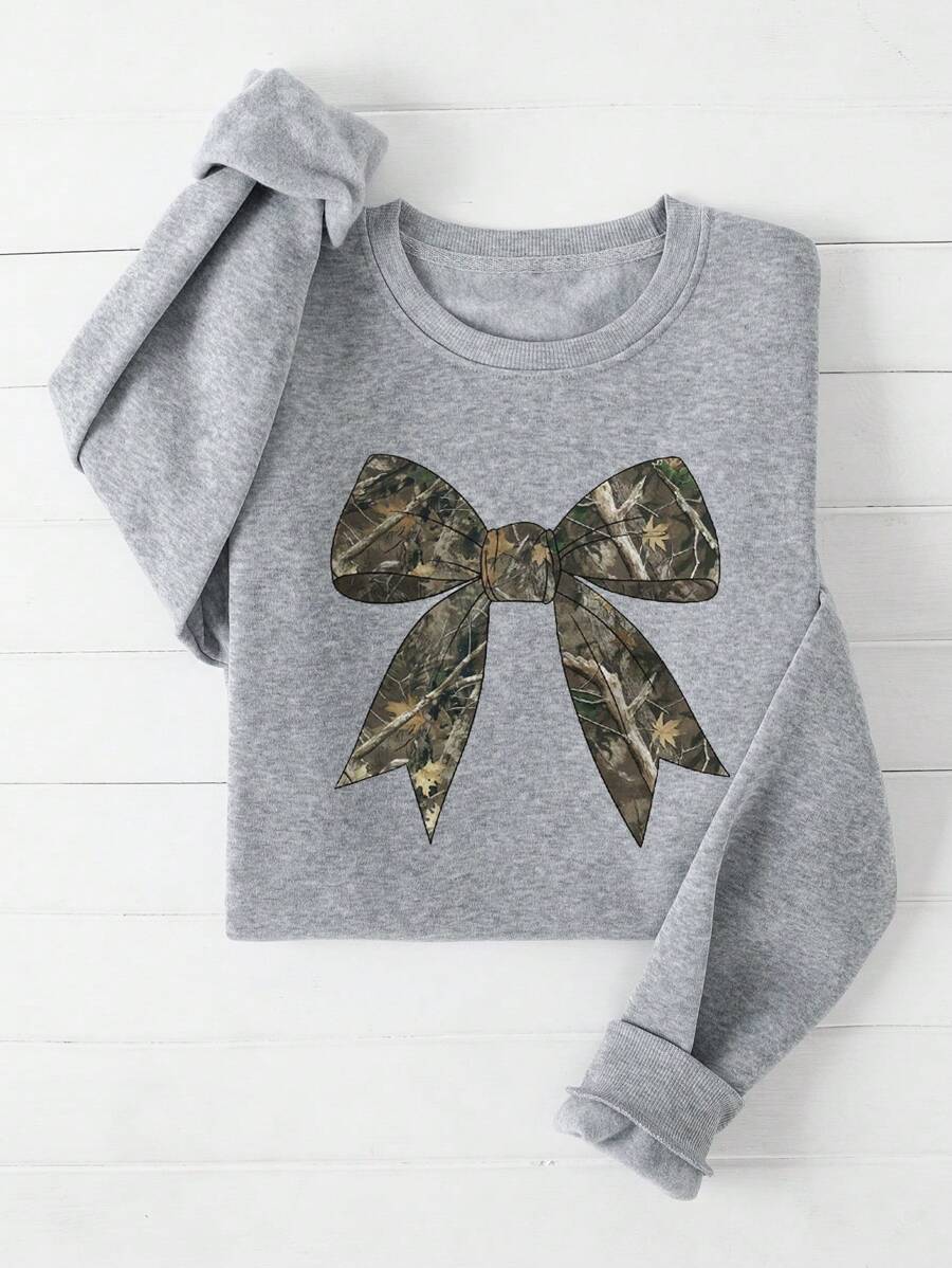 INAWLY Áo nỉ chui đầu cổ tròn in họa tiết nơ cỡ lớn thường ngày - Xám - Xem 1