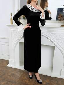 Modelyn Đầm Maxi Nữ Cổ Hoa Pháp Thanh Lịch Lãng Mạn Chiffon Vá Vá Maxi Trang Phục Dạ Hội Dài - màu đen - Xem 8