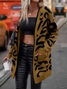 SHEIN LUNE Casual Leopard Pattern Jacquard Double Pockets Cardigan, Autumn/Winter - Brown - View 5