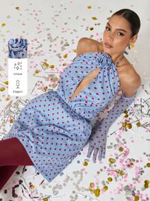 COSMINA Dames Vintage Stijl Polka Dot 3D Bloemen Decor Halter Hals Mini Jurk